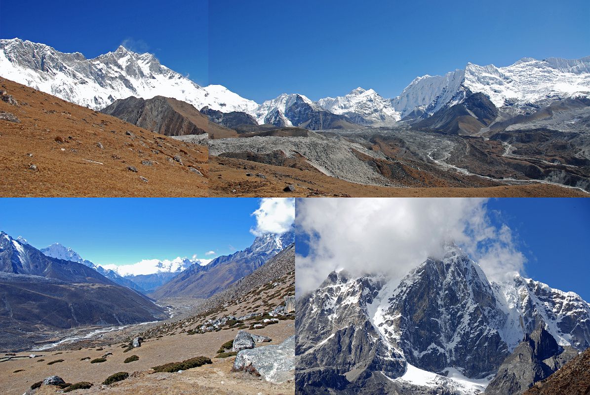 Kongma La 21 View From Above Bibre - Nuptse, Lhotse, Chukung Ri, Island Peak, Makalu, View Down Valley To Dingboche, Tengboche And Namche Bazaar, Taweche Summit In Clouds